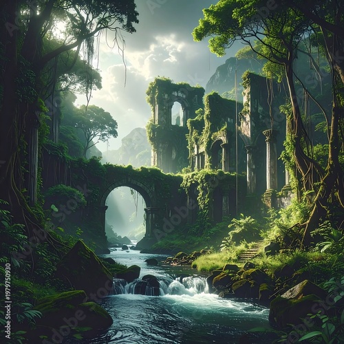 Ruined stone building overgrown, amidst a lush jungle with a flowing river and arched bridge