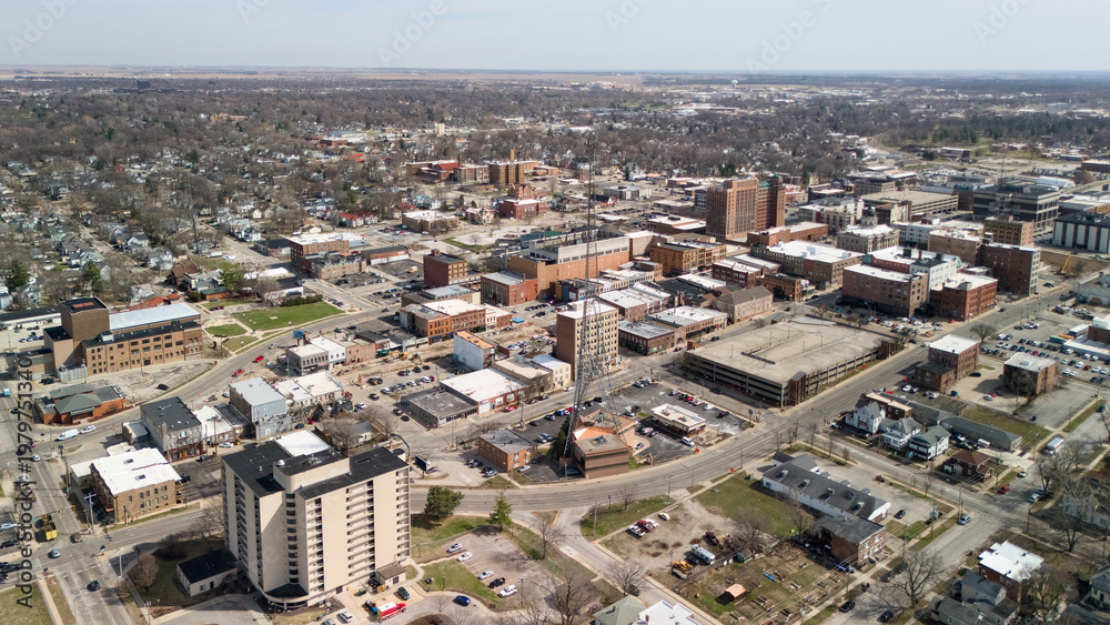 Fototapeta premium Drone view of Bloomington Illinois city center and urban district