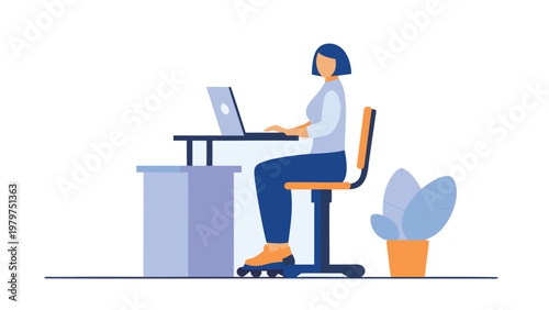 Businesswoman working on laptop, office workspace illustration, woman at desk, remote work concept, modern office setup
