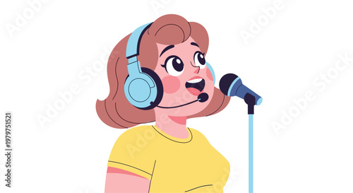 Young woman wearing headphones singing microphone.