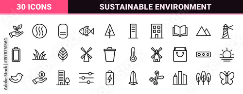 Sustainability and green ecosystem minimalist thin line icon set