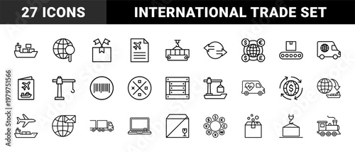 Global logistics and import export line icons