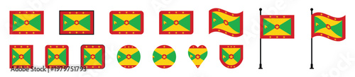 Grenada flag icons set with waving, circular, heart, shield shapes and flagpoles vector illustration.