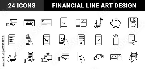 Minimalist cashless payment and digital transaction line icons.