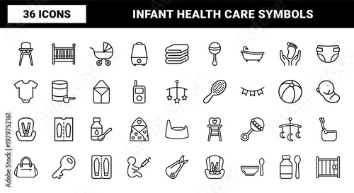 Newborn baby care and nursery thin line icons