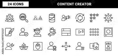Content creator and influencer marketing thin line icon set