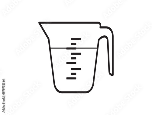 Simple black and white line drawing of a measuring cup with graduations
