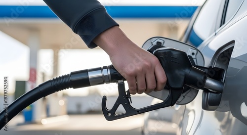 Person refueling a silver car at a gas station with a black fuel nozzle