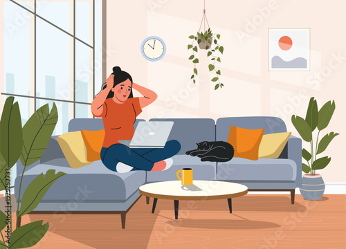Stressed woman working from home on laptop in cozy living room interior, deadline and burnout concept. Vector flat  cartoon illustration