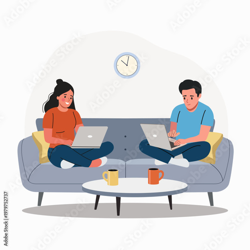 Young couple working from home on laptops sitting on sofa, remote work and freelance lifestyle. Flat style cartoon vector illustration.