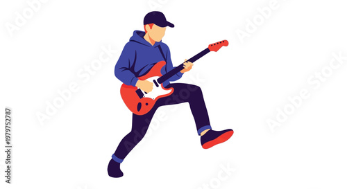 Vector illustration of a man playing electric guitar energetically alone.