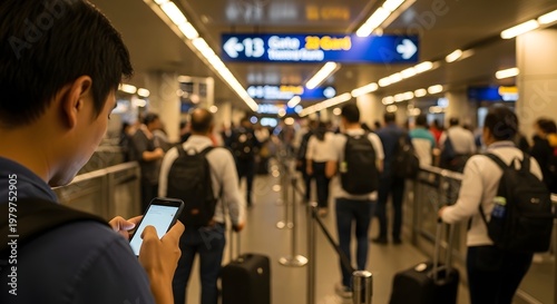 Man checking phone at airport gate with people waiting in line for boarding
