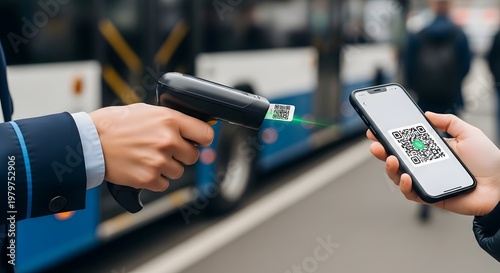 Man scanning QR code on smartphone with handheld scanner for public transport payment
