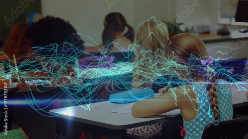 Students writing at desks in classroom, animated waveform sweeping left-right, showing lesson