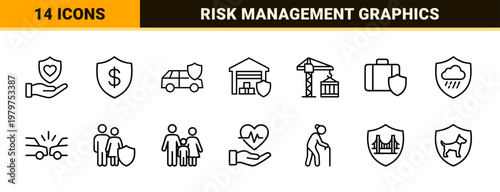 Insurance and protection line icons for business and finance risk management