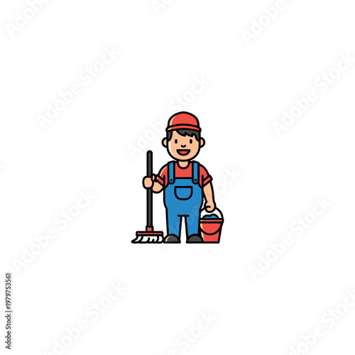 Cartoon janitor with cleaning tools.