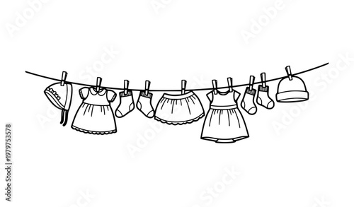Minimal black and white baby girl clothes on clothesline vector illustration infant laundry concept