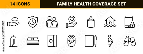 Insurance and risk management line icon set on grid