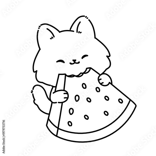 Cute cat eating watermelon slice, minimal line art style, perfect for summer themes, food illustrations, and kids content.