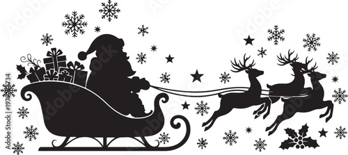 Santa Claus riding in sleigh pulled by reindeer at night
