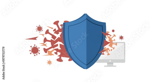Digital virus protection, cybersecurity shield, preventing computer infection, data security, network defense, threat prevention, antivirus concept