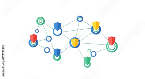 Secure network connection icon with shield symbols protecting data points in a decentralized system, emphasizing cybersecurity and digital safety