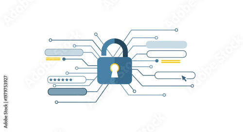 Cybersecurity concept digital lock icon, data protection, secure network, password entry fields, and online security system interface
