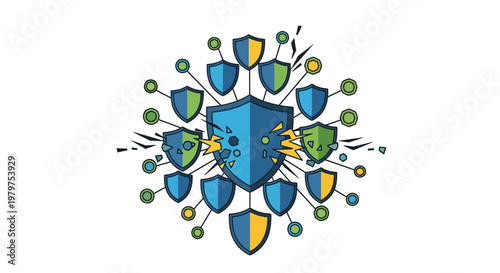 Complex network of digital security shields under cyberattack, illustrating a critical breach in modern data defense systems and online protection vulnerability