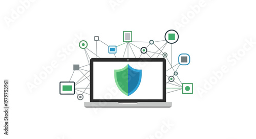 Computer security protection icon on laptop with connected network nodes, cybersecurity concept, digital defense and data safety illustration