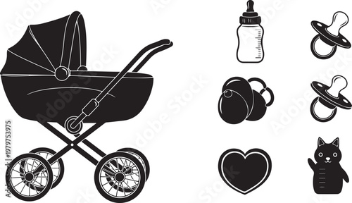 Baby Stroller and Accessories in Black and White Color