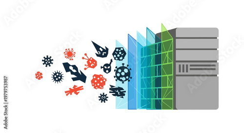 Data security concept, protecting computer systems from viruses and malware, cybersecurity illustration