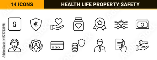 Insurance and financial protection minimalist thin line icon set