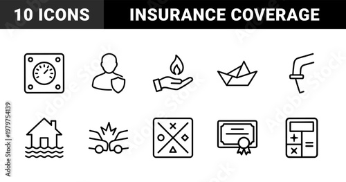 Insurance and financial protection line icons set for business and safety concepts.