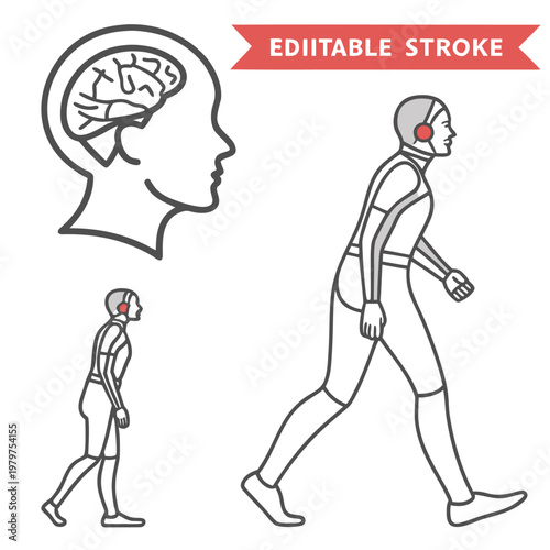 Human brain function and biomechanics walking posture concept illustration