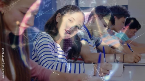Central student glancing while writing class test with blue pen network lines and globe appearing