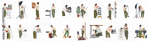 Flat illustration of a female photographer and digital artist in various stages of her creative workflow, from shooting to editing and printing.
