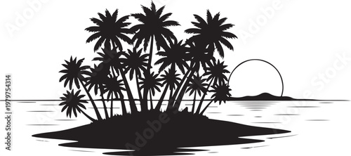 Tropical Island Silhouette with Palm Trees at Sunset Ocean