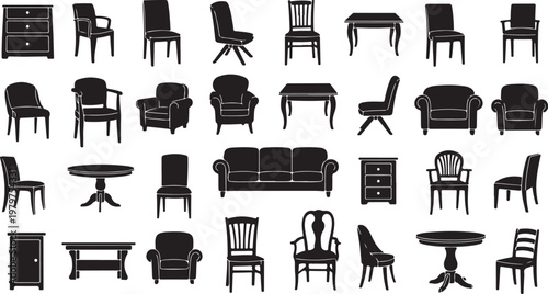 Collection of various furniture icons in black and white