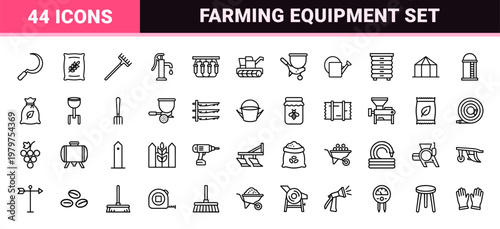 Harvesting and agriculture line icon set with tractor and wheat