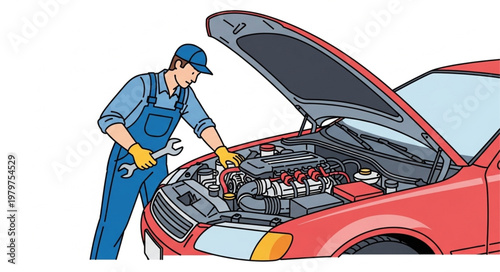 Mechanic working on car engine with tools.