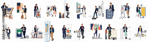 Set of flat vector illustrations featuring diverse creative professionals working on design, artistic, and corporate projects in a modern studio environment.
