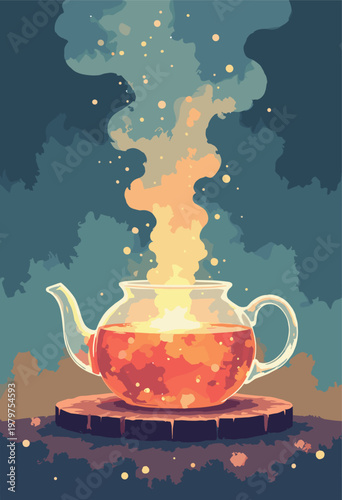 stylized clear glass teapot hot water inside forms shape active, glowing geometric volcano erupting steam Surreal teatime concept Warm color palette No text