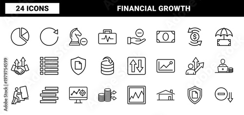 Business investment line icons with financial growth and market analysis symbols