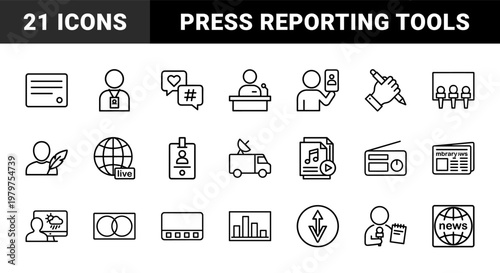 Journalism and mass media outline icons for news reporting and broadcasting