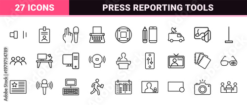 Journalism and broadcasting media minimalist line icon set