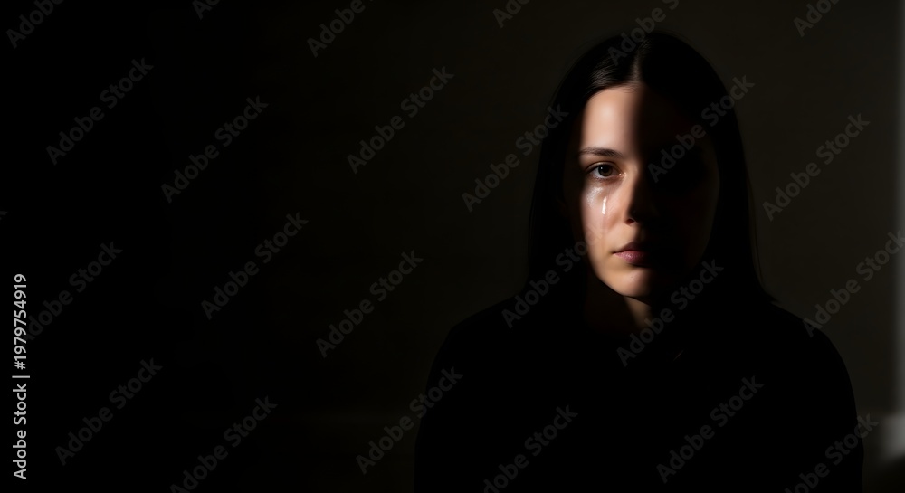Fototapeta premium Close up portrait of a young woman with tear in her eye, lit by a single light source in a dark room