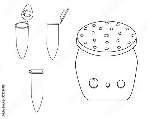 Outline illustration of vortex mixer and microtube. Represents laboratory equipment
