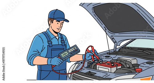 Mechanic with car battery tester.