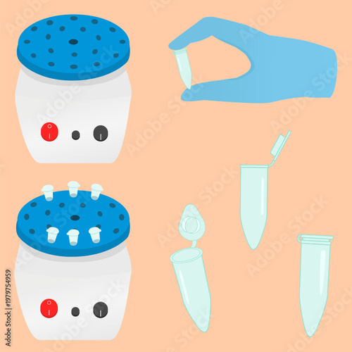 Vortex mixer and microtube. Lab equipment for sample mixing and preparation. 