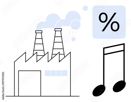 Industrial growth, environmental impact, economy, music, creativity, production efficiency. Factory with smoke stacks, percentage symbol music note. Industrial growth and environmental impact